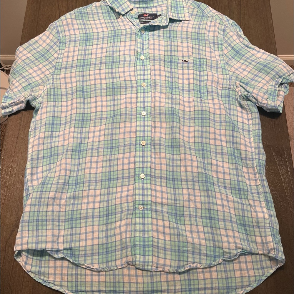 Vineyard Vines Light Blue and White Checkered Linen Shirt